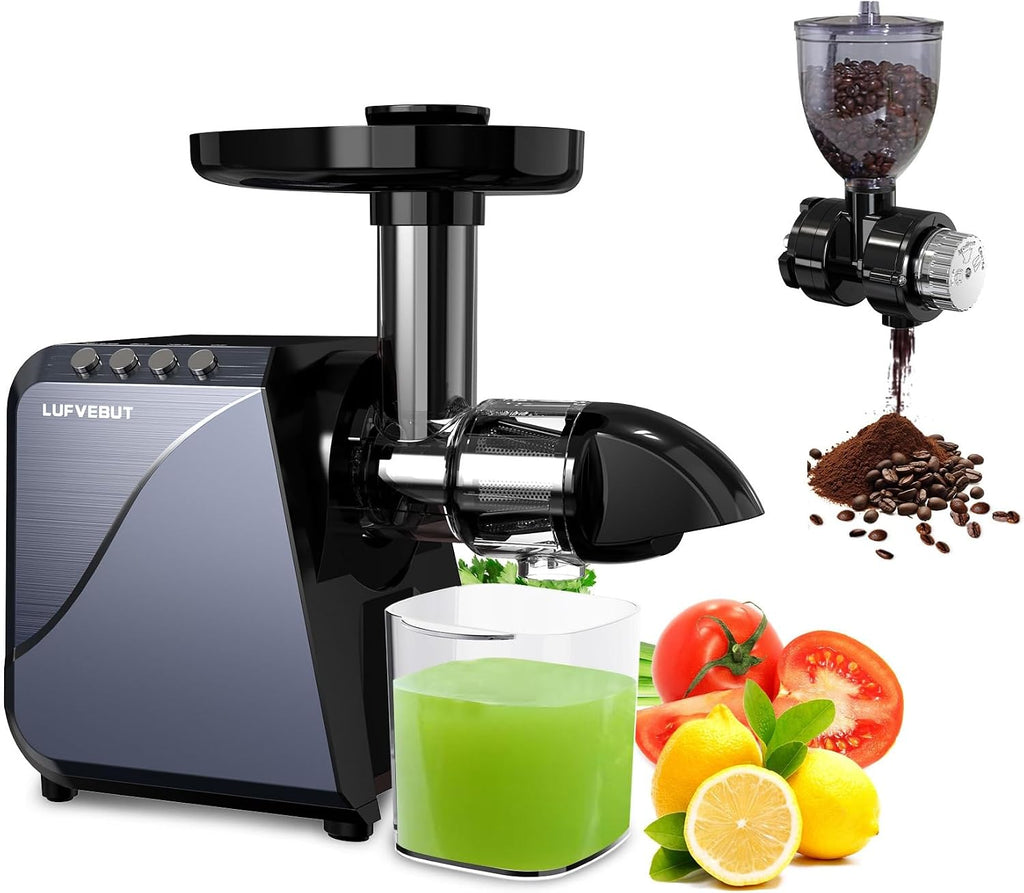 Cold Press Juicer Extractor Fruit Vegetable, Electric Coffee Grinder Burr Fine Coarse Grind for Beans Nuts, Celery Beet Carrot Wheatgrass Ginger Slow Juicer Machines Quiet BPA Free Easy To Clean
