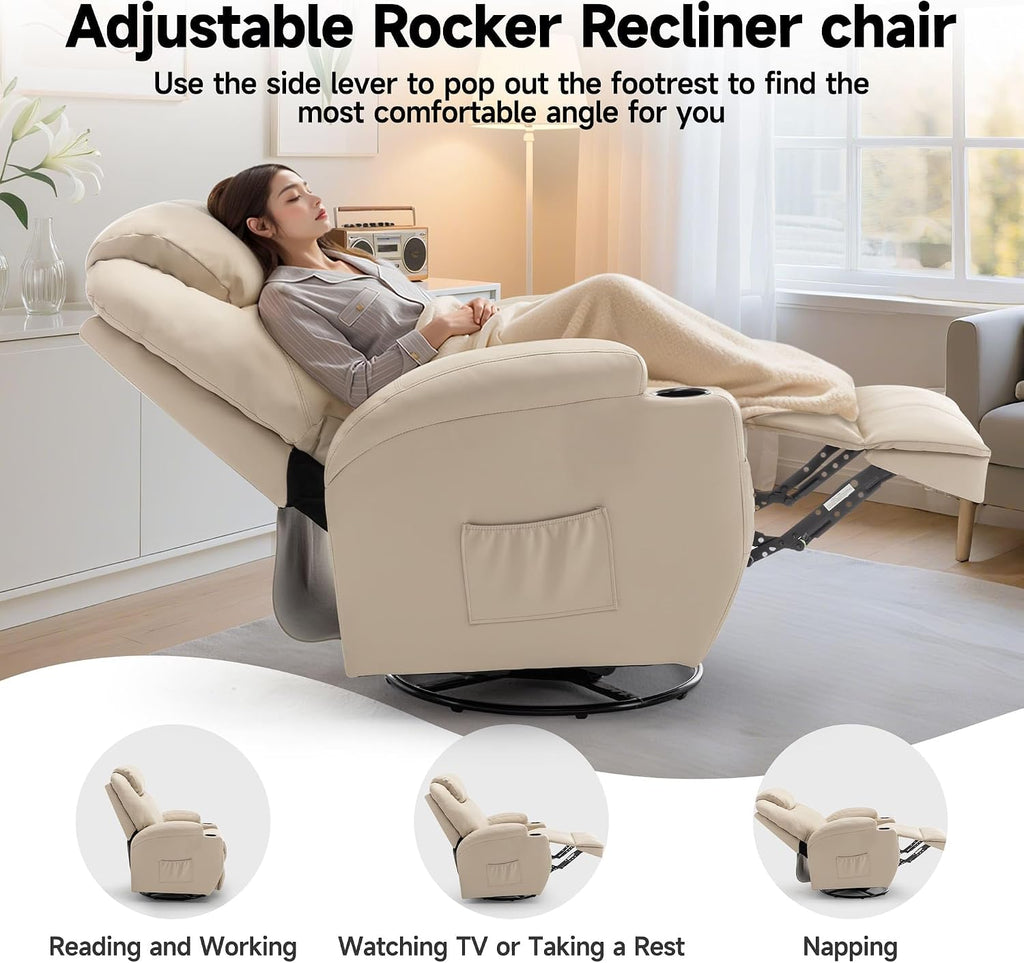 Korser Recliner Chair, Rocking Chair with Massage and Heat, 360° Swivel Recliner Chairs for Adults, Rocker Manual Recliner with Remote Control and Cup Holder for Living Room, Bedroom, Nursery