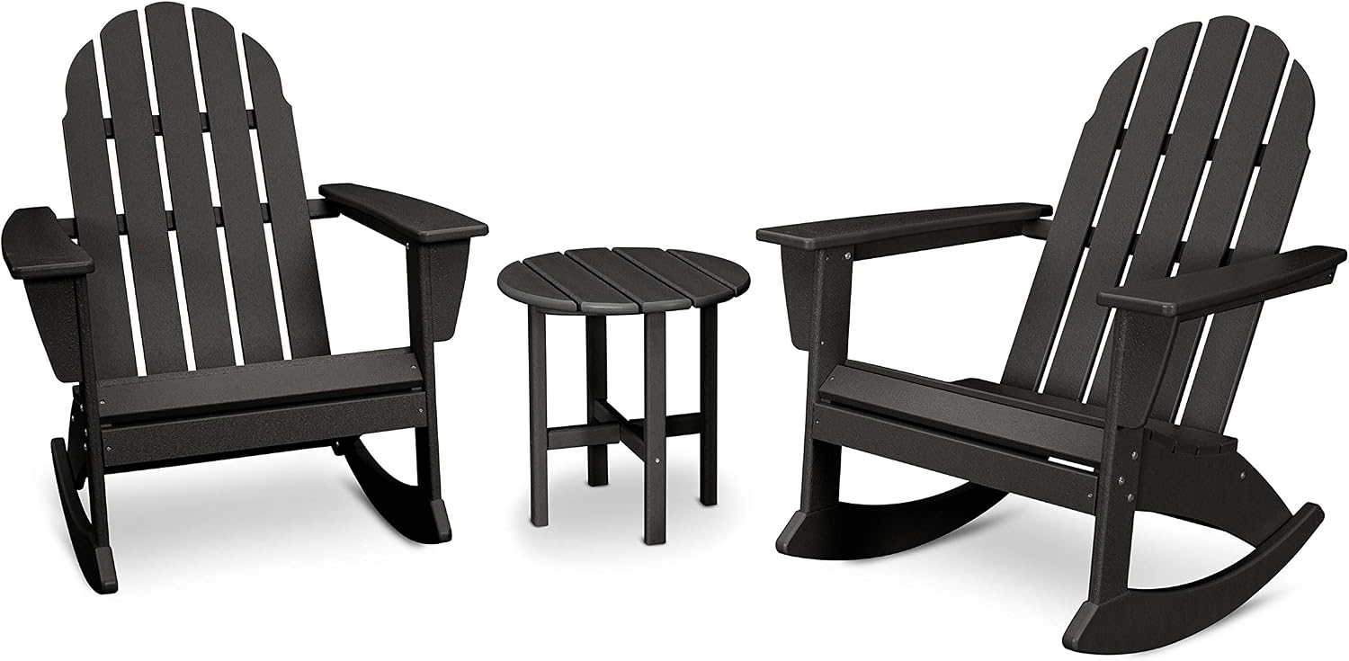 POLYWOOD Vineyard Adirondack 3-Piece Rocking Chair Set, Outdoor Patio Furniture with Side Table, HDPE All-Weather Porch Rockers, Fade-Proof, Black