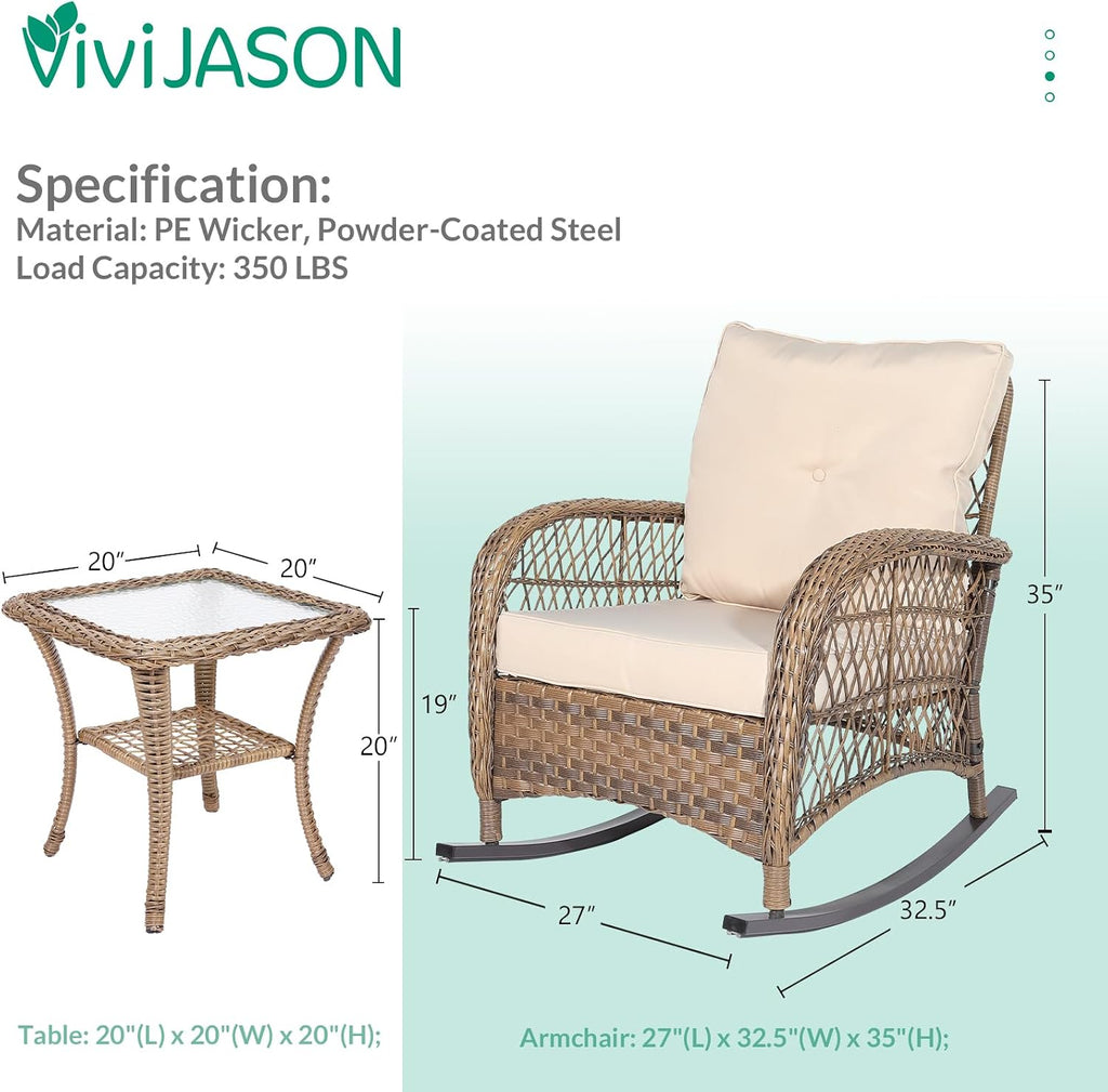 VIVIJASON 3-Piece Outdoor Conversation Bistro Set, Patio Wicker Rocking Chairs Rattan Furniture Sets w/ 2 Rattan Chairs, Cushions, Glass Top Side Table for Garden Porch Backyard