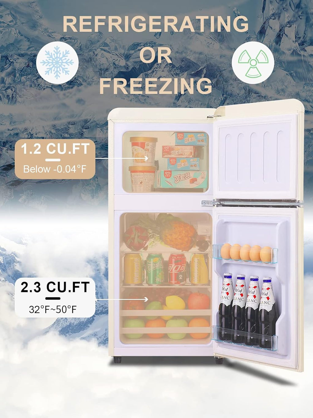 KRIB BLING 3.5 Cu.Ft Refrigerator with Freezer, 2 Doors Fridge with Adjustable Thermostat Control, Refrigerator for Kitchen, Dorm, Apartment, Garage, Office, Cream
