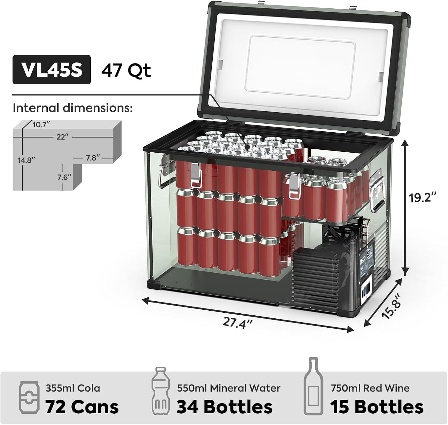 ICECO VL45 12 Volt Refrigerator, 47 Quart Platinum Portable Fridge, With SECOP Compressor, 0℉～50℉, 12/24V DC, 110/240V AC, Compact Freezer for RV, Truck, Car Use (With Slide Mount)