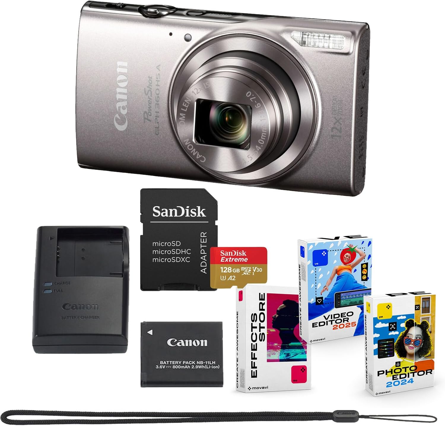 Canon PowerShot ELPH 360 HS A Digital Camera Bundle (Silver) + Sandisk 128GB Extreme Micro SD Card & Photo/Video Editing Software Package (8 Items)