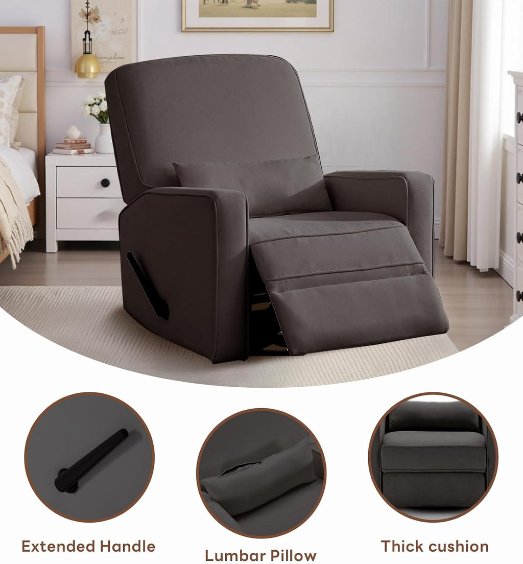 Tbfit Nursery Rocking Chair, 360°Swivel Recliner Chair with Lumbar Support for Bedroom, Comfy Upholstered Armchair with Pillows & Footrest for Living Room & Baby Room