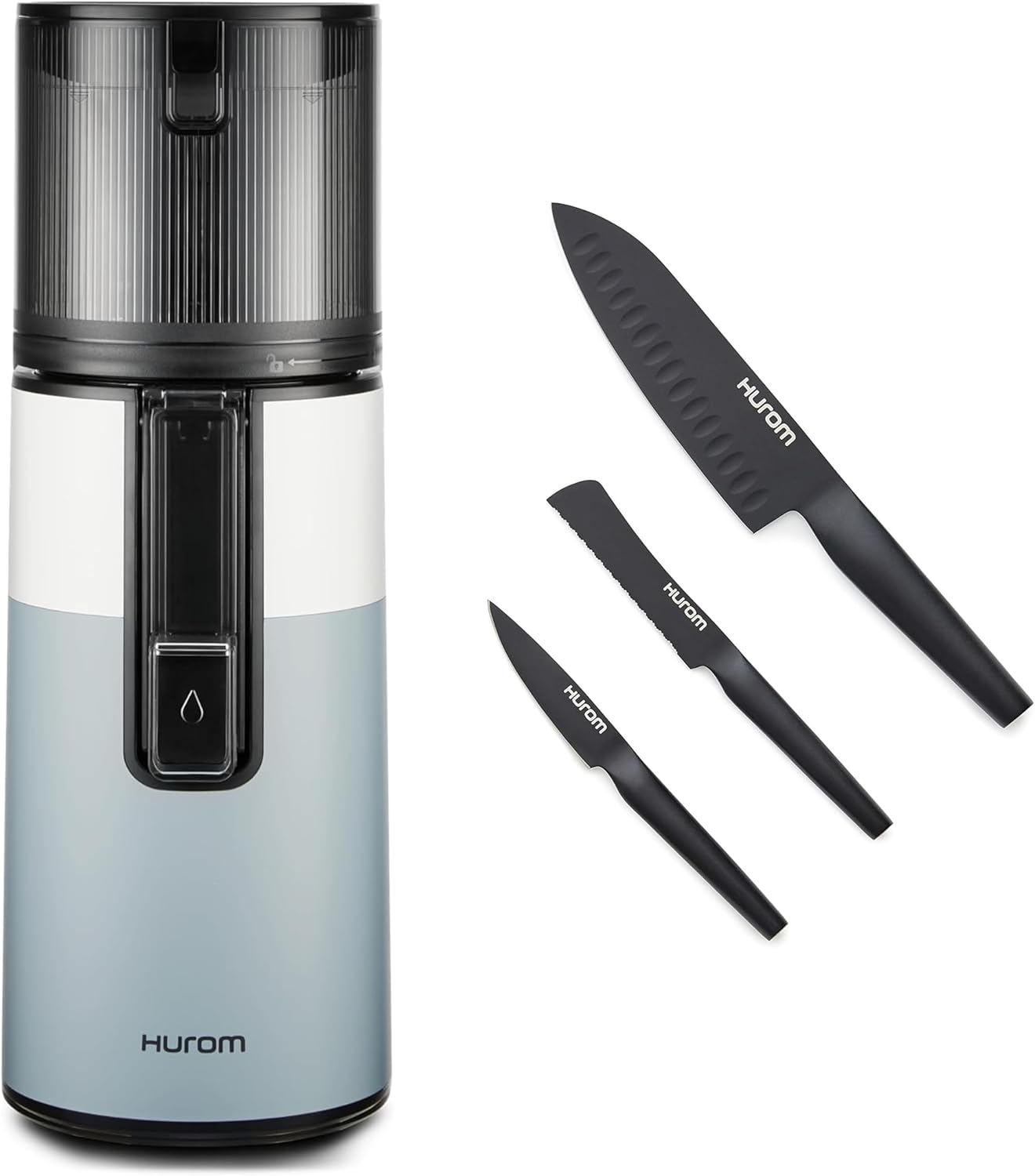 Hurom Two-Tone Blue H400 Award Winning Cold Press Juicer Machine with German Steel Knife Set, Strainer & Hands Free with Self-Feeding Hopper, Corrosion-Resistant Blades, Easy Assembly (550ml/ 18.6oz)