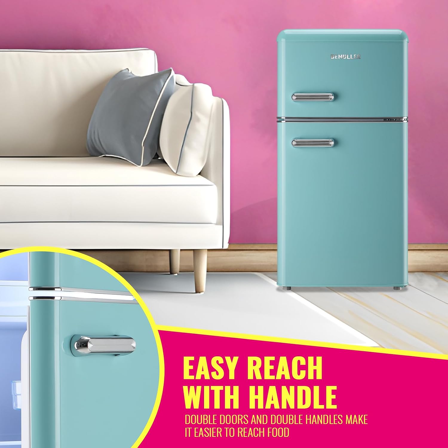 DEMULELR Retro Mini Fridge Dual Door Refrigerator with Freezer, 3.5 Cu.ft Small Refrigerator with Handle, Adjustable Temperature & Removable Glass Shelves, for Apartment/Dorm/Office/RV, BLUE