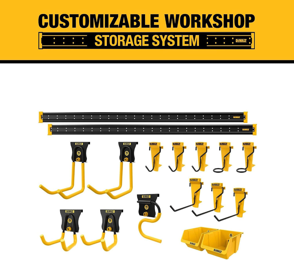 DEWALT Tool Organizer, 21 Piece Accessory Starter Kit, Includes 2 Metal Rails, 13 Hooks, and 2 Plastic Bins, DEWALT Workshop Storage System Compatible (DWST82801)