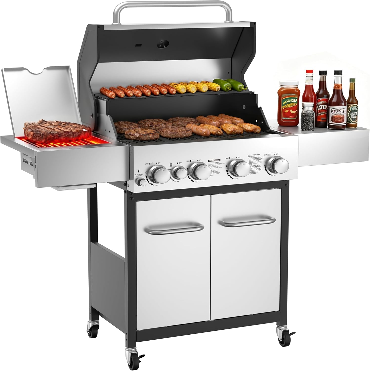 Veralune 55,000 BTU 4+1 Burner Gas Grill with Infrared Side Burner, Porcelain Cast Iron Grates & Stainless Steel Build for Fast Heating, Easy Cleaning, Ideal for Outdoor Kitchens, Patios & Backyards