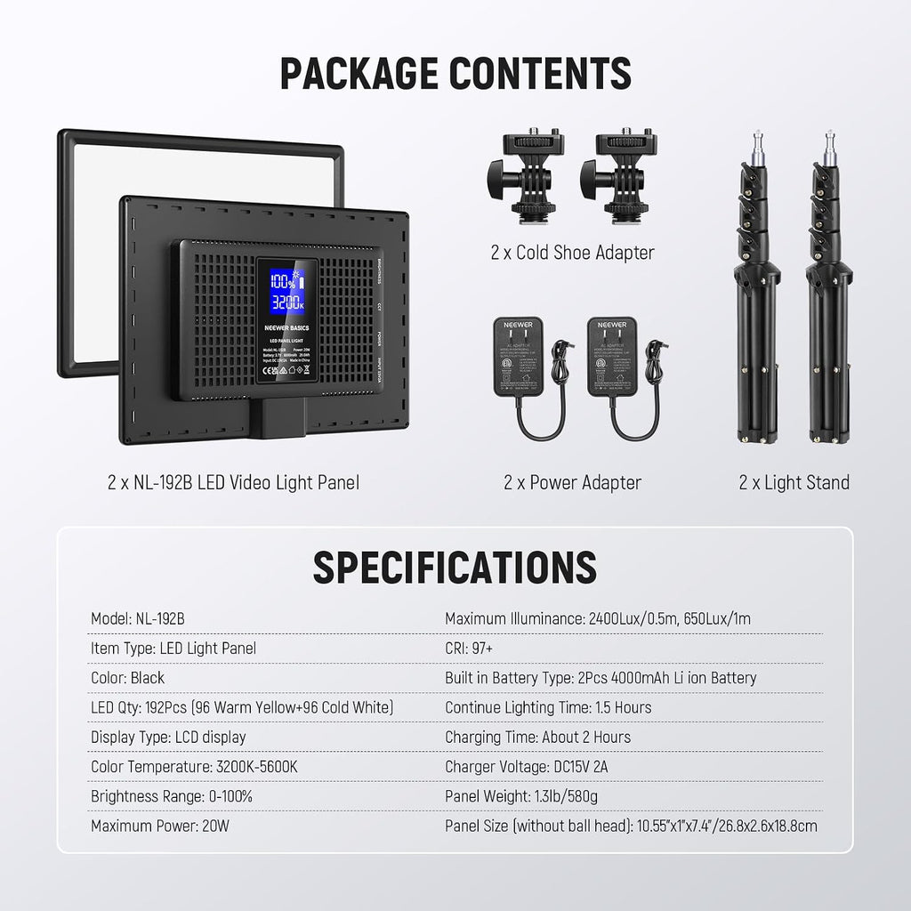 NEEWER BASICS 13' LED Video Light Panel, 2 Pack Studio Lighting Kit with Tripod Stands, Bi Color Photo Key Light for Streaming Photography Podcast Recording, 2400Lux 3200-5600K CRI97+ 8000mAh, NL-192B