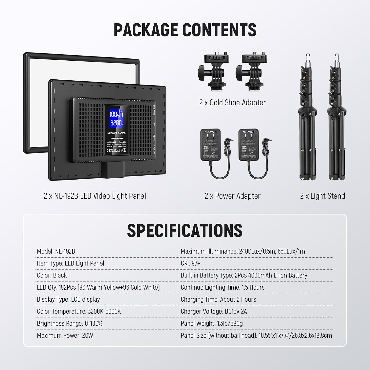 NEEWER BASICS 13' LED Video Light Panel, 2 Pack Studio Lighting Kit with Tripod Stands, Bi Color Photo Key Light for Streaming Photography Podcast Recording, 2400Lux 3200-5600K CRI97+ 8000mAh, NL-192B