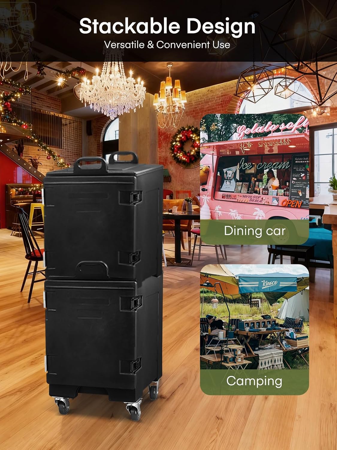 Catering Food Warmer, 82Qt Front Loading Hot Box for Catering, LLDPE Insulated Food Pan Carrier for 5 Full-Size Pan, w/Wheels, Stackable, Handles, Hot Box Food Warmer for Camping, Restaurant
