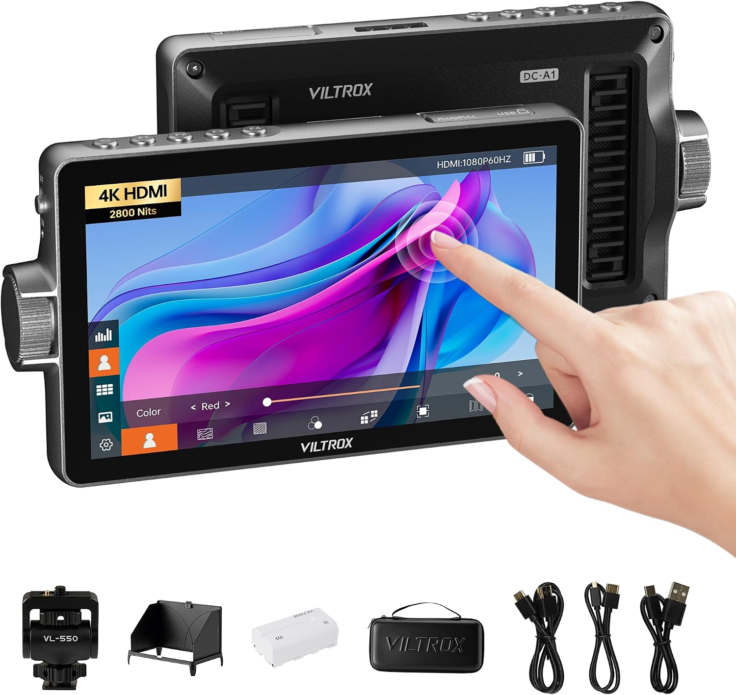 VILTROX DC-A1 2800Nits Camera Field Monitor Touchscreen with 7' Full HD1920x1080 IPS 4K HDMI Loop in/Out,3D LUTs Waveform Video Peaking Focus Assist, 170° Wide View Angle, Sunshade Hood & Battery