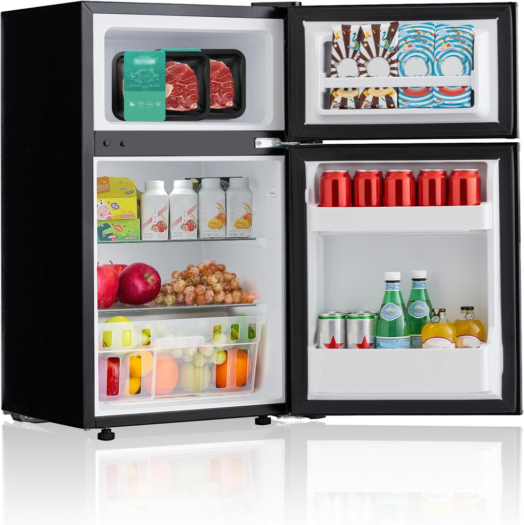 3.2 Cu.Ft Mini Fridge with Freezer, Double Door Small Refrigerator, Dorm Fridge with 3 Adjustable Thermostat, Energy Saving, Low Noise, Compact Refrigerator for Office, Bedroom, Dorm, Black
