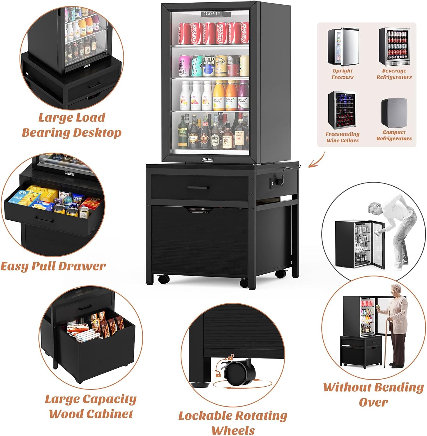 Unikito Mini Fridge Stand with Drawer Storage and Power Outlet, Heavy Duty Mobile Mini Fridge Shelf with Lockable Wheels, Beverage Refrigerator Table Stand, 22.8' L x 21.6' W, Max Load 300 LBS, Black