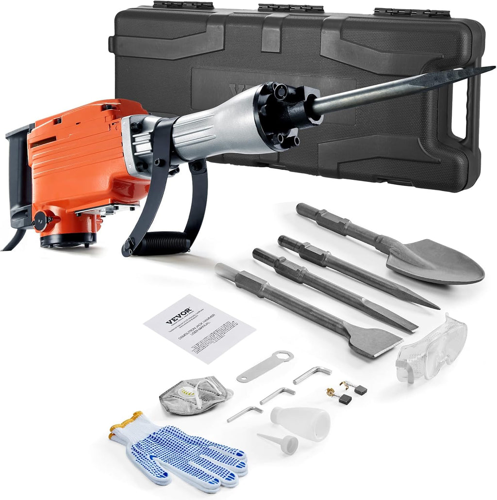 VEVOR Demolition Jack Hammer, MAX 2200W Electric Jackhammer Heavy Duty, 1400 BPM Concrete Breaker 4pcs Chisels Bit Chipping W/Case, Gloves