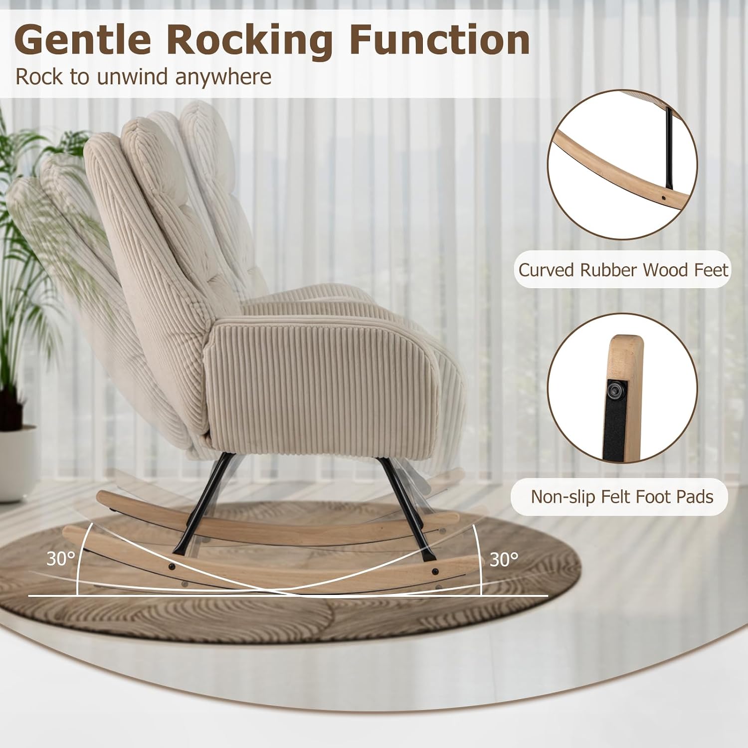 Giantex Rocking Chair Nursery, Upholstered Glider Rocker with Padded Backrest & Seat, Rubber Wood Feet & Sturdy Metal Frame, Modern Accent Chair Comfy Armchair for Living Room, Bedroom & Office (1)