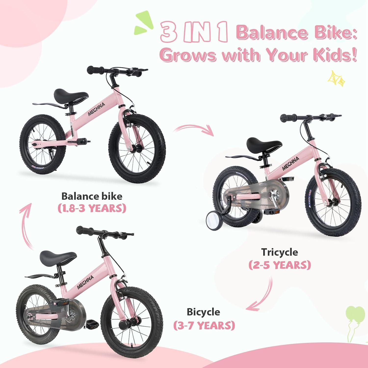 3-in-1 Montessori Balance Bike,Tri-Purpose of Kids Balance Bikes and Toddler Tricycles/Bikes，for 2 3 4 5 6 7 Years Old-14 inch Balance Bike with Training Theory, Pedal Kit, Training Wheels,Brakes