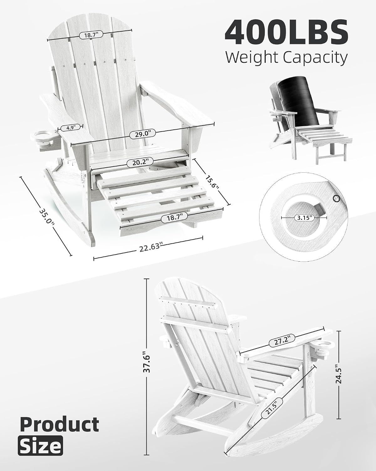 Folding Adirondack Rocking Chair Set of 4,4-in-1 Multifunctional Patio Chairs with Retractable Ottoman, Outdoor Chairs Wood Texture, Lawn Chair for Porch, Backyard, Pool(White)