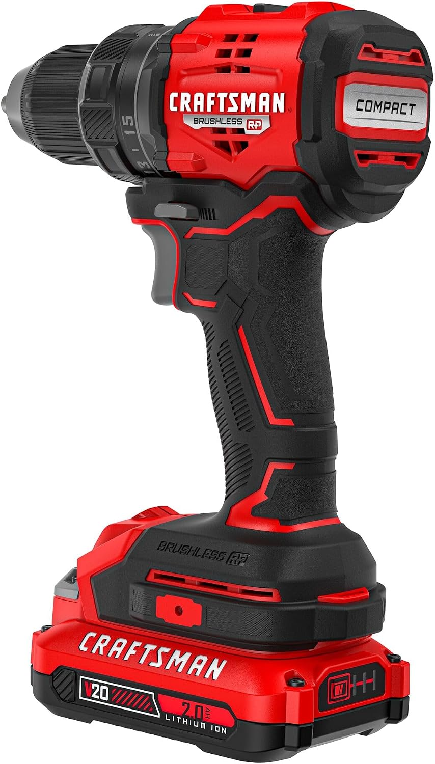 CRAFTSMAN V20 BRUSHLESS RP Compact Drill/Driver, Variable Speeed Trigger, Built In LED, Includes Battery and Charger (CMCD714D1)