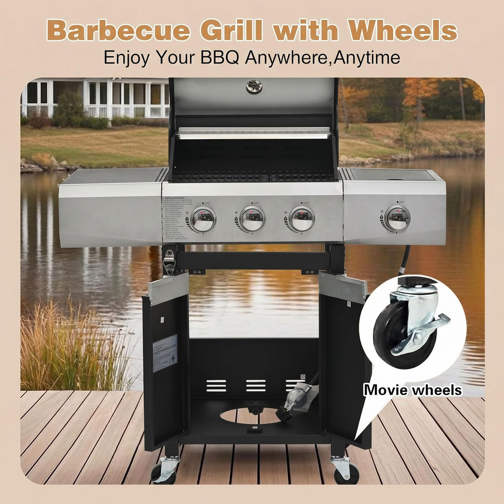 Endark 3-burner propane grill, 40,500 BTU with side-fire function. Stainless steel, enameled cast iron grate, thermometer, wheels. Perfect for patio and garden cooking