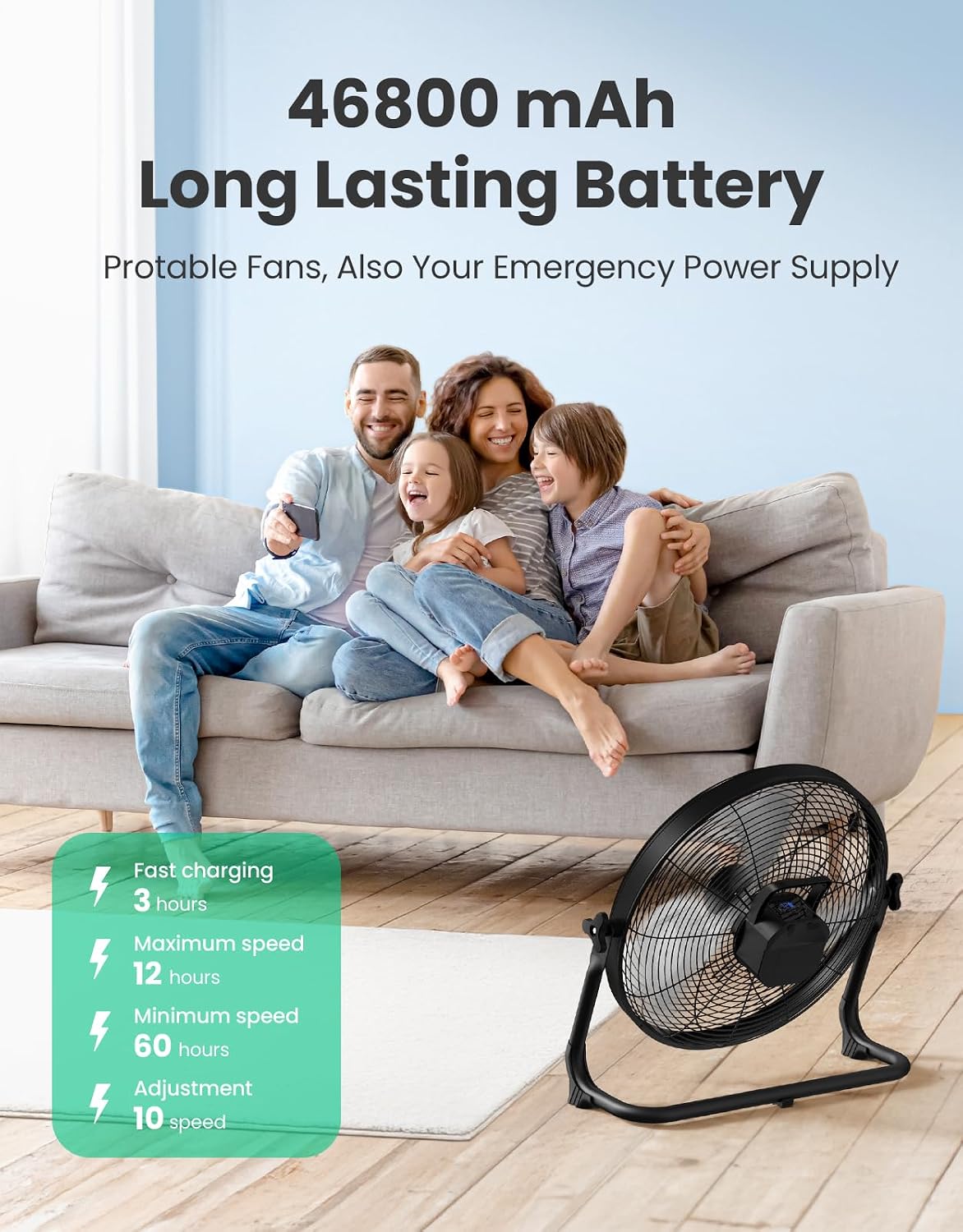 18' Portable Battery Operated Solar Fan, Rechargeable Floor Fan, Hi-Velocity Cordless Camping Fan, USB Phone Charge, 12-60H Runtime, Quiet, Wireless, For Travel Shed Outdoor Home Garage Tent Car Barn