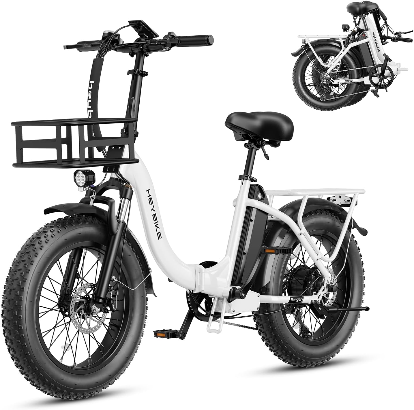 Heybike Ranger 2.0 Foldable Electric Bike for Adults, 20'*4 Fat Tire Ebike with 1400W Peak Motor, 28 MPH Max Speed, 600Wh Removable Battery, Up to 65 Miles Range, Front Suspension Step-Thru E Bike