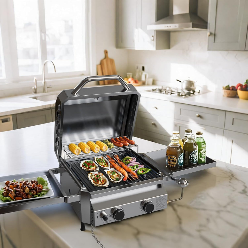 Tabletop Gas Grill, Stainless Steel Portable Propane Grill with Dual Storage Side Platforms – Compact & Powerful 16,000 BTU Dual-Burner BBQ Grill for Garden and Patio Backyard,Camping