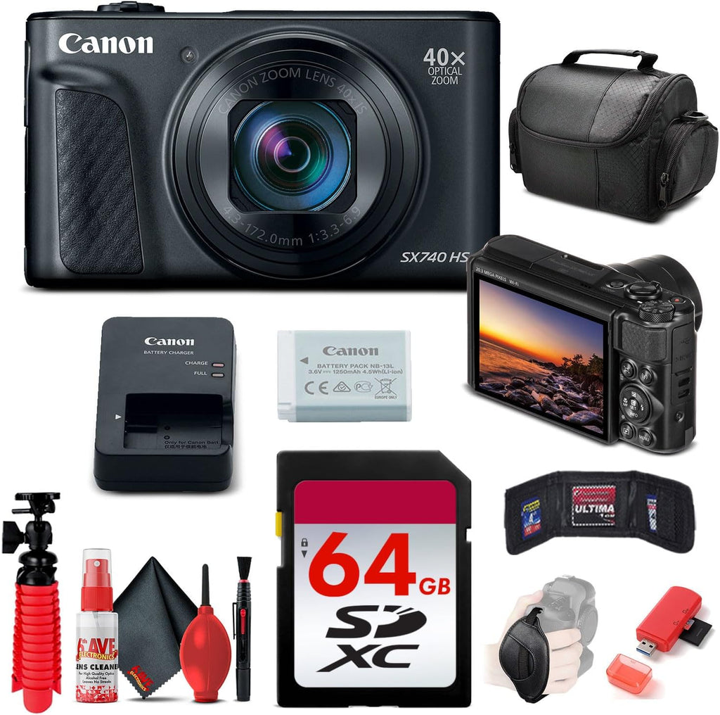 Canon PowerShot SX740 HS Digital Camera (Black) (2955C001) + 64GB Memory Card + Card Reader + Deluxe Soft Bag + Flex Tripod + Hand Strap + Memory Wallet + Cleaning Kit