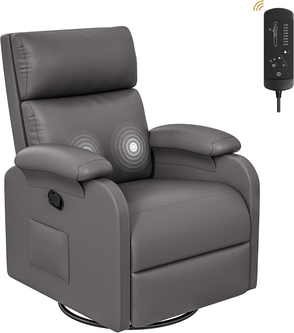 Homall Recliner Chair, 360 Swivel Rocking Chair for Adults, Massage Nursery Chair with Adjustable Backrest and Footrest, PU Leather Glider Rocker Recliners with Side Pocket for Living Room (Grey)