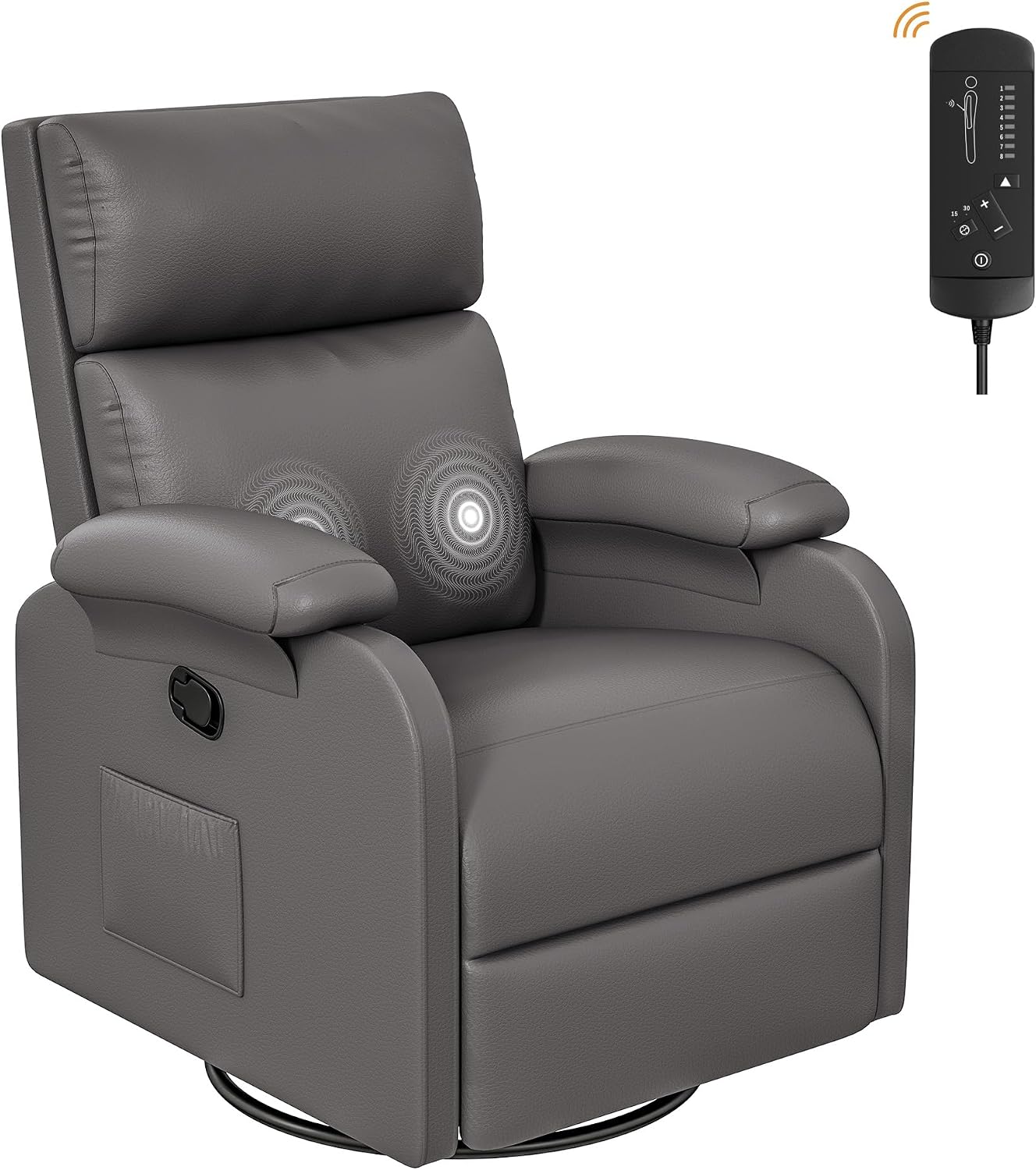 Homall Recliner Chair, 360 Swivel Rocking Chair for Adults, Massage Nursery Chair with Adjustable Backrest and Footrest, PU Leather Glider Rocker Recliners with Side Pocket for Living Room (Grey)