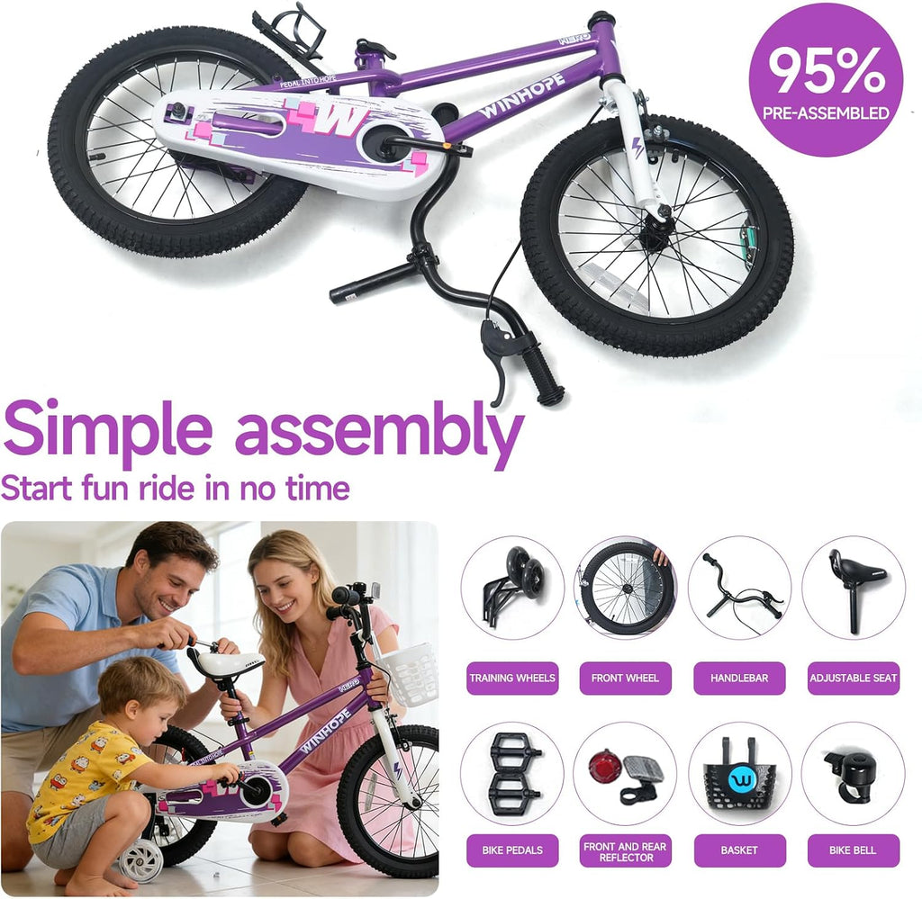 WinHope Kids Bike, 12 14 16 18 Inch Children Bicycle with Light up Training Wheels and Dual Brakes, Toddler Bike for Beginner with Adjustable Seat and Headlebar for Boys Girls 2-9, Multiple Colors