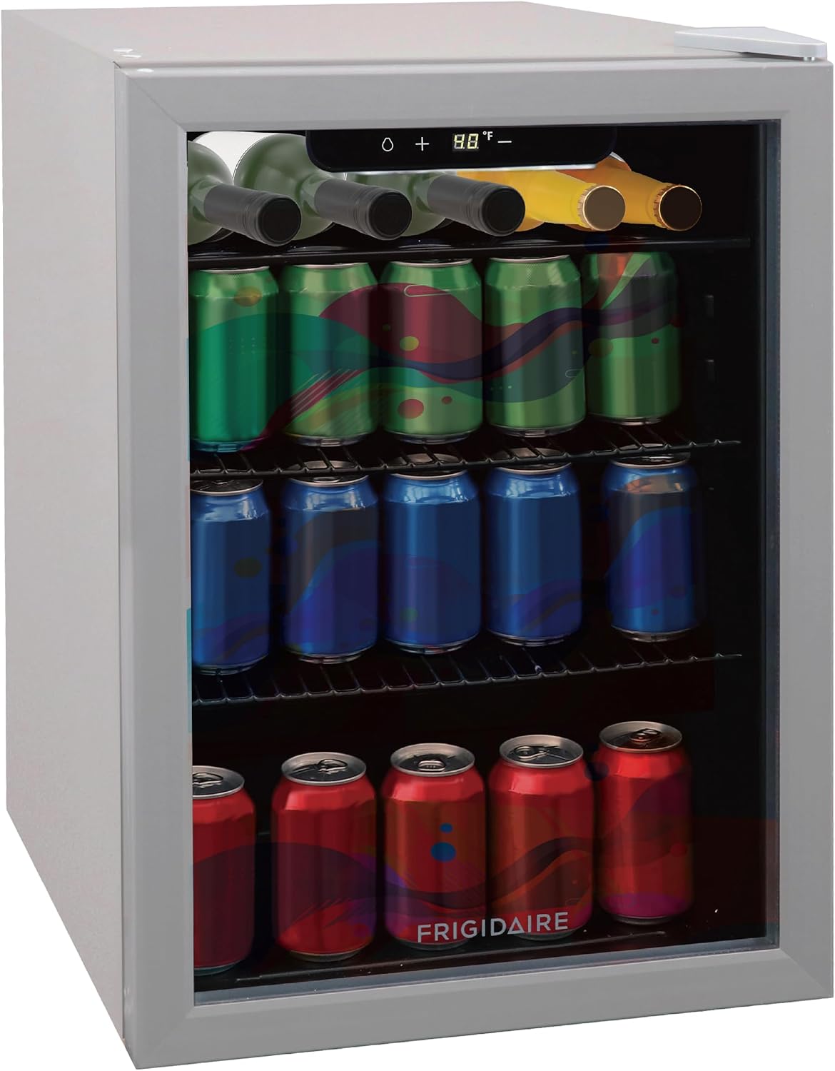 Frigidaire EFMIS9000AMZ, Beverage Fridge Refrigerator with Glass Door, Compact Mini Fridge with Digital Temperature Control Fits 88 Cans or 25 Bottles, 74L Capacity - 19.29'D x 25'W x 17.51'H, Silver