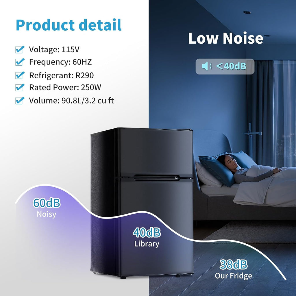 3.2 Cu.Ft Mini Fridge with Freezer, Double Door Small Refrigerator, Dorm Fridge with 3 Adjustable Thermostat, Energy Saving, Low Noise, Compact Refrigerator for Office, Bedroom, Dorm, Black