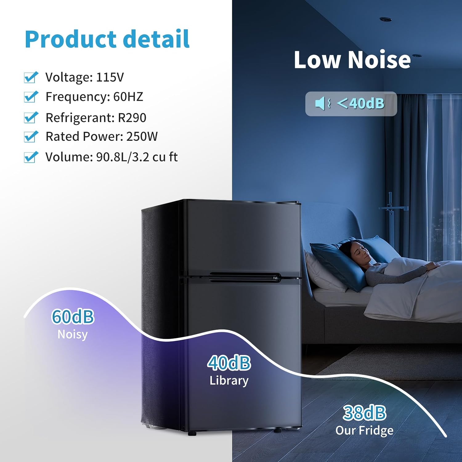 3.2 Cu.Ft Mini Fridge with Freezer, Double Door Small Refrigerator, Dorm Fridge with 3 Adjustable Thermostat, Energy Saving, Low Noise, Compact Refrigerator for Office, Bedroom, Dorm, Black