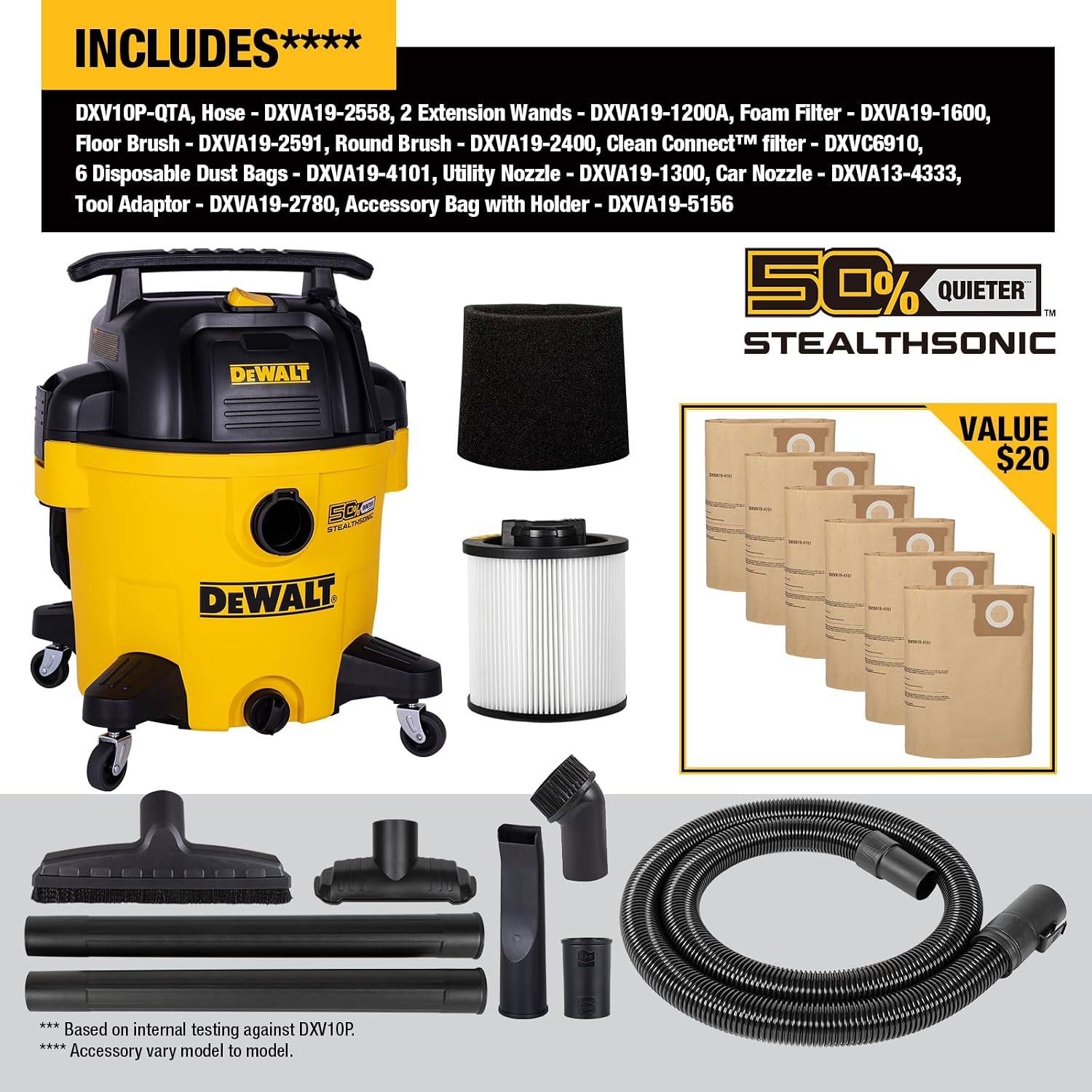 DEWALT 10 Gallon Stealthsonic Wet/Dry Vacuum, 5 Peak HP Ultra-Quiet Shop Vac with Full Accessory Kit & 6 Bonus Dust Bags, 1-7/8 in. x 7 ft. Hose for Job Sites, Workshops & Garages