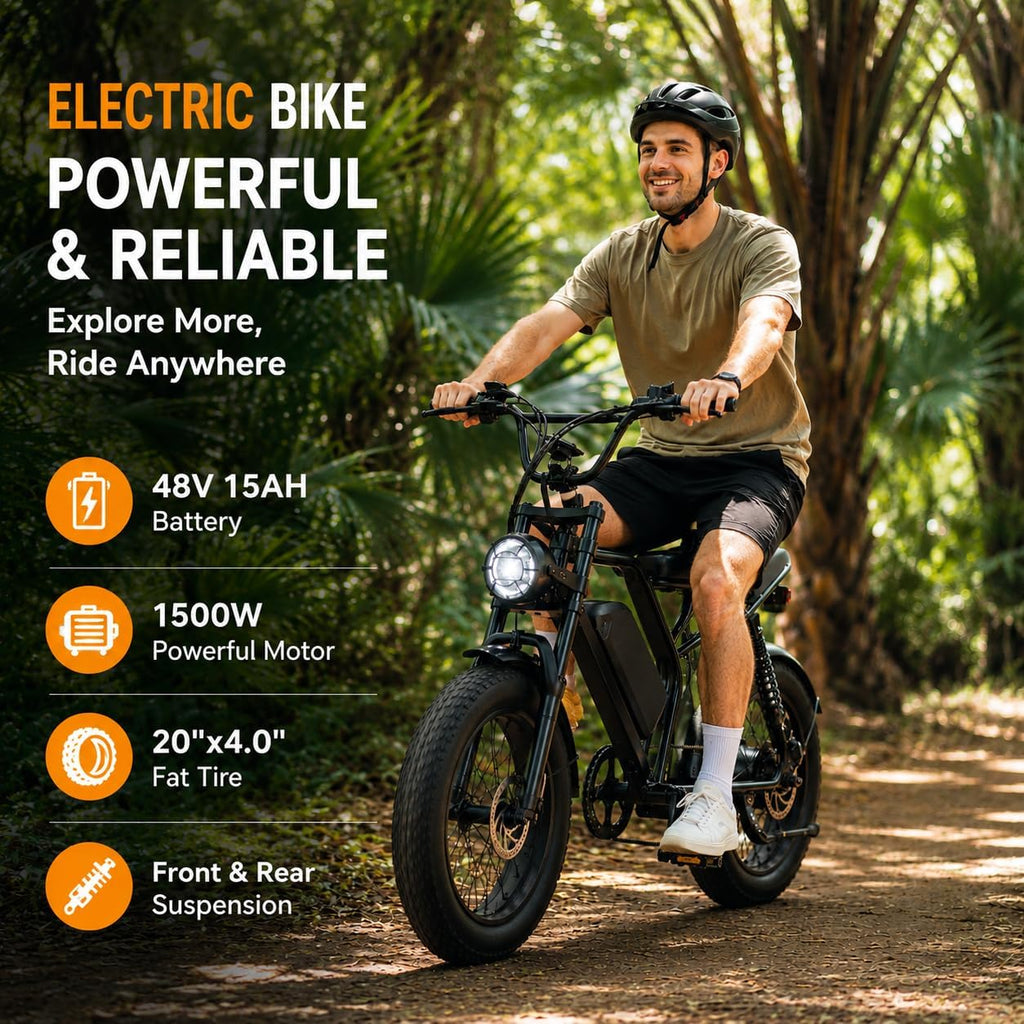 Electric Bike for Adults, 1500W Peak Motor 28 MPH 50Miles, Fat Tire Ebike with 48V Removable Battery 20'x4.0' ebikes for Adults Hydraulic Suspension and 7-Speed, All-Terrain Unisex ebikes