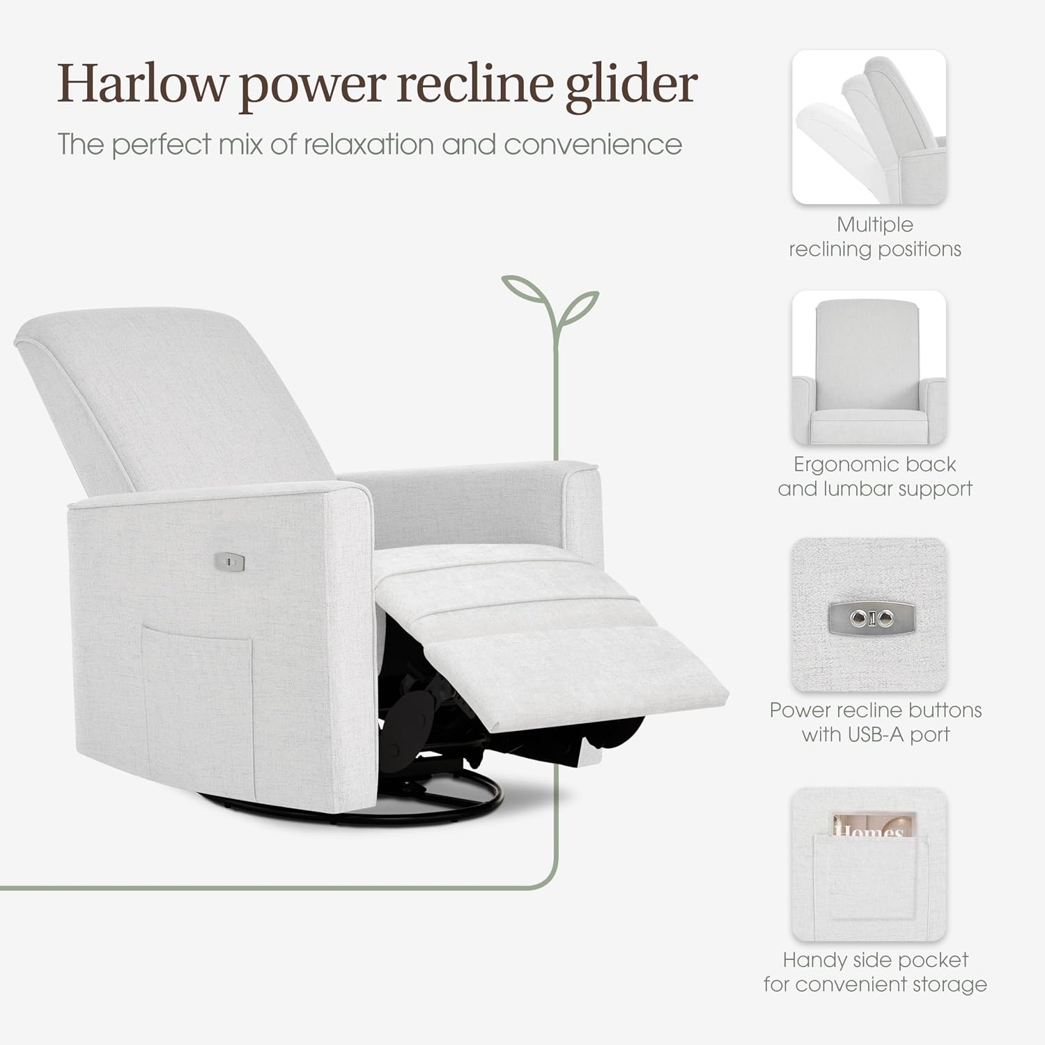 Evolur Harlow Upholstered Power Glider Recliner with USB Charging – Rocking & 275° Swivel with Smooth Glide – Greenguard Gold & FSC Certified – Modern Nursery and Living Room Chair in Fog