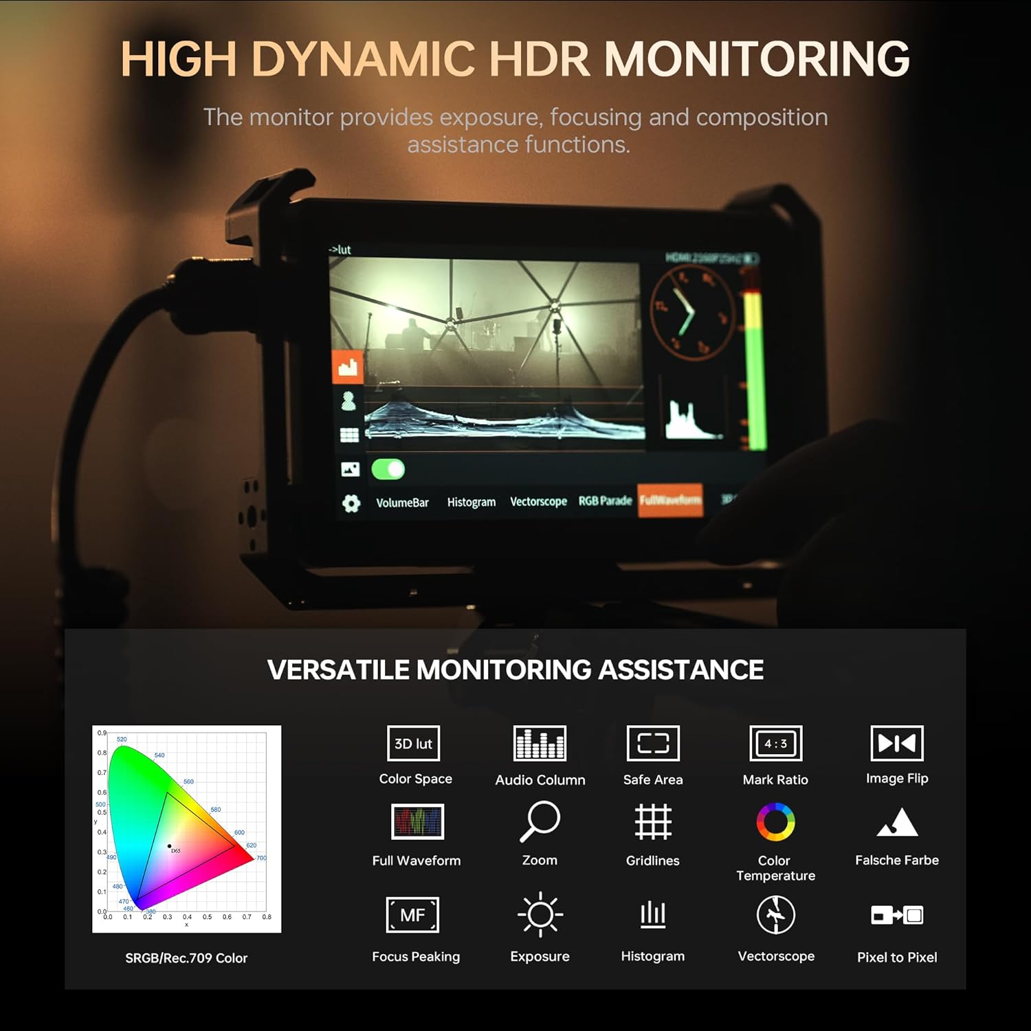 VILTROX DC-X2 6' Camera Field Monitor 2000 Nits HD1920x1080 IPS Touchscreen DSLR Camera Monitor with 3D LUTs, 4K HDMI Loop in/Out with Peak Focus Video Assist Waveform, NP-F550 Battery & Sunshade Hood