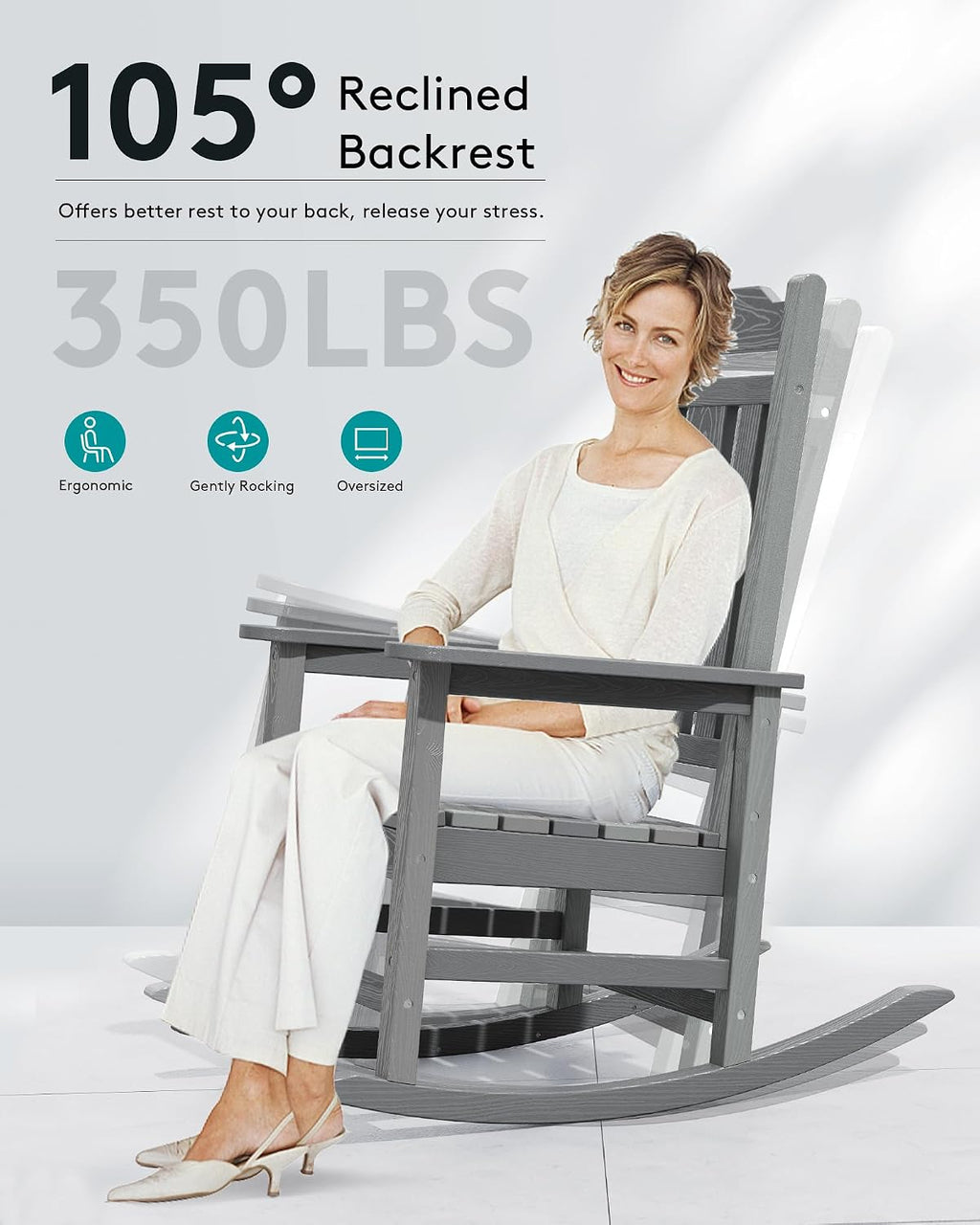 SERWALL Oversized Outdoor Rocking Chair Set of 4, All Weather Patio Rocking Chair, HDPE Poly Rocking Chair for Adults, Heavy Duty Front Porch Rocker,Unique Gray