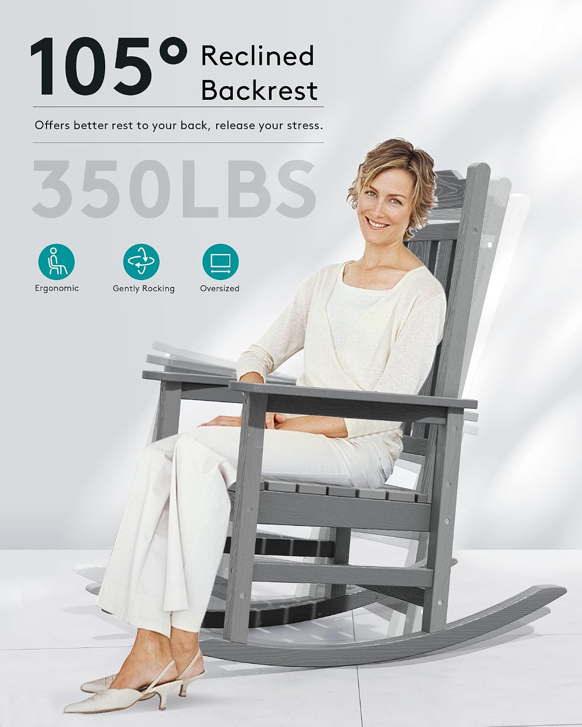 SERWALL Oversized Outdoor Rocking Chair Set of 4, All Weather Patio Rocking Chair, HDPE Poly Rocking Chair for Adults, Heavy Duty Front Porch Rocker,Unique Gray