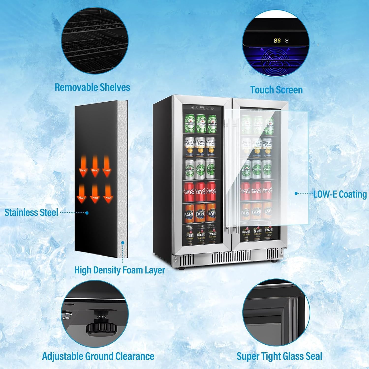 Stopasd Beverage Refrigerator Cooler, 5.4 Cu.Ft/176 Can Drink Fridge with Dual Zone Beverage Cooler Under Counter with Glass Door&LED Light, Quiet Undercounter Small Fridge for Home/Office/Bar, Silver