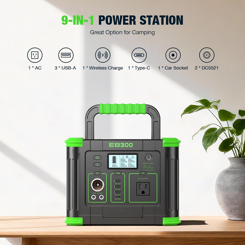 300W Portable Power Station with 100W Foldable Solar Panel, 288Wh Solar Generator AC Outlet, MC-4 Solar Battery Charger, 60W USB-C PD Fast Charging for Outdoor Camping, Home Emergency, RV Travel, Van