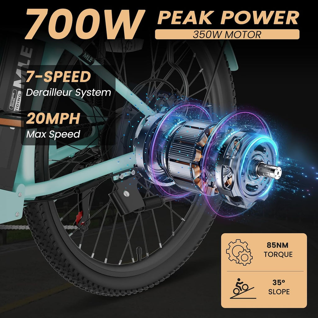 MOONCOOL Electric Bike for Adults, 700W Peak Power 7 Speed Step Through Electric Cruiser Bike, 40 Miles Electric Bicycle with 36V 10.4Ah Battery, Aluminum Frame City Commuter E Bikes for Women, Men
