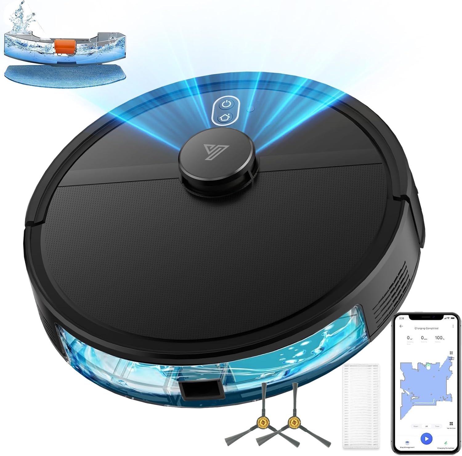 Robot Vacuum and Mop Combo, Robotic Vacuums with LiDAR Navigation, Smart Mapping, Strong Suction, with WiFi/App/Alexa/Voice Control, Obstacle Avoidance, for Home, Wood/Hard Floors, Pet Hair Black