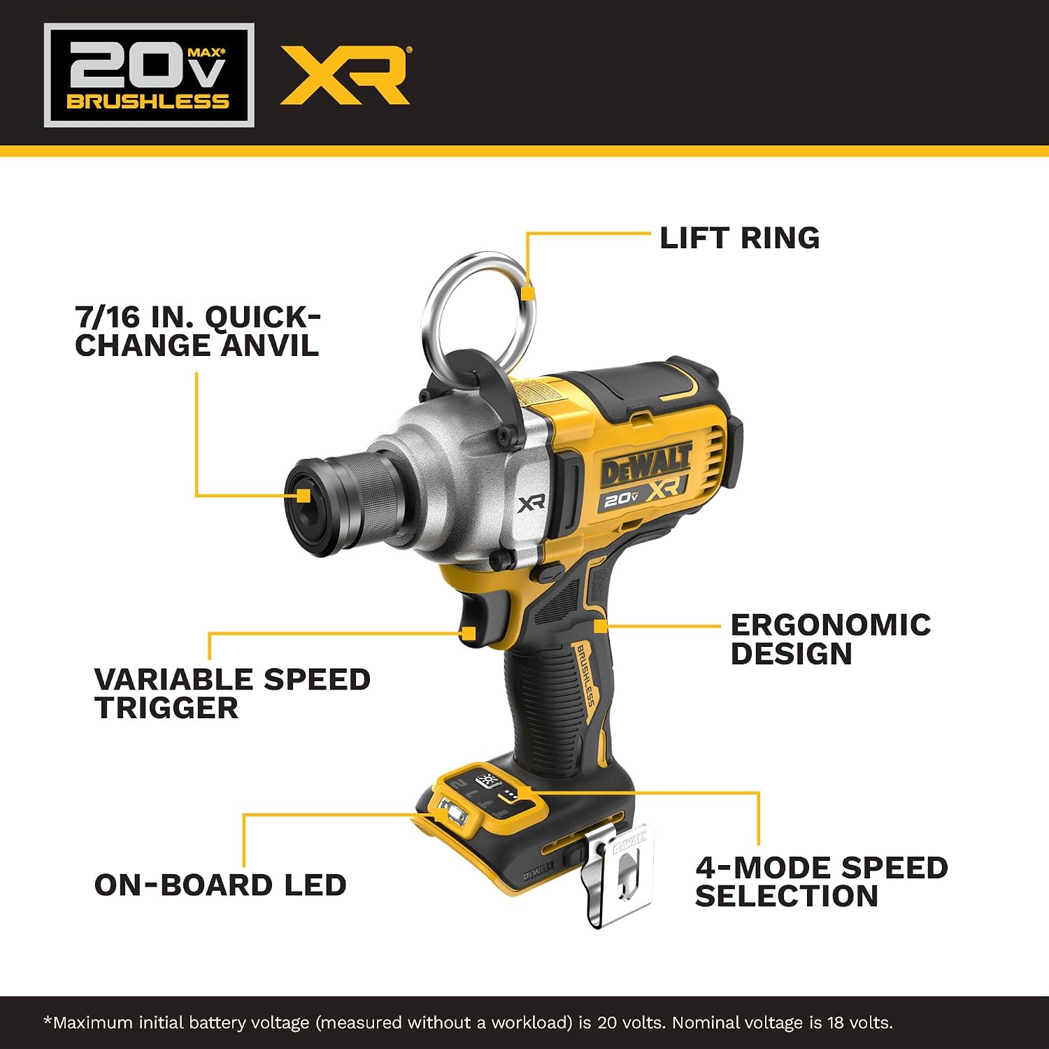 DEWALT 20V MAX XR Impact Wrench Cordless 7/16 inch Brushless Impact Gun, 4-Mode Speed Selection Including Timber Screw, Tool Only (DCF937B)