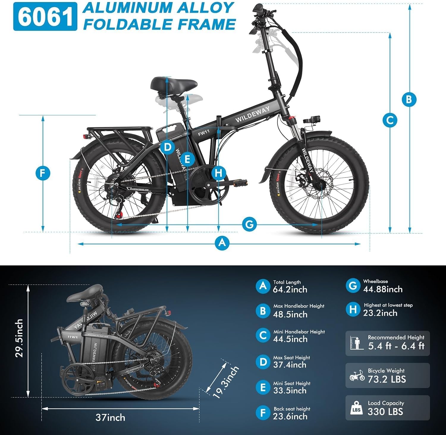 Wildeway Folding Electric Bike for Adults with 750W Motor 32Ah Battery Long Range FW11 Ebike 20 * 3.0 Fat Tire Foldable Adults Electric Bicycle for Men Women City Commuter Delivery 2 Seat