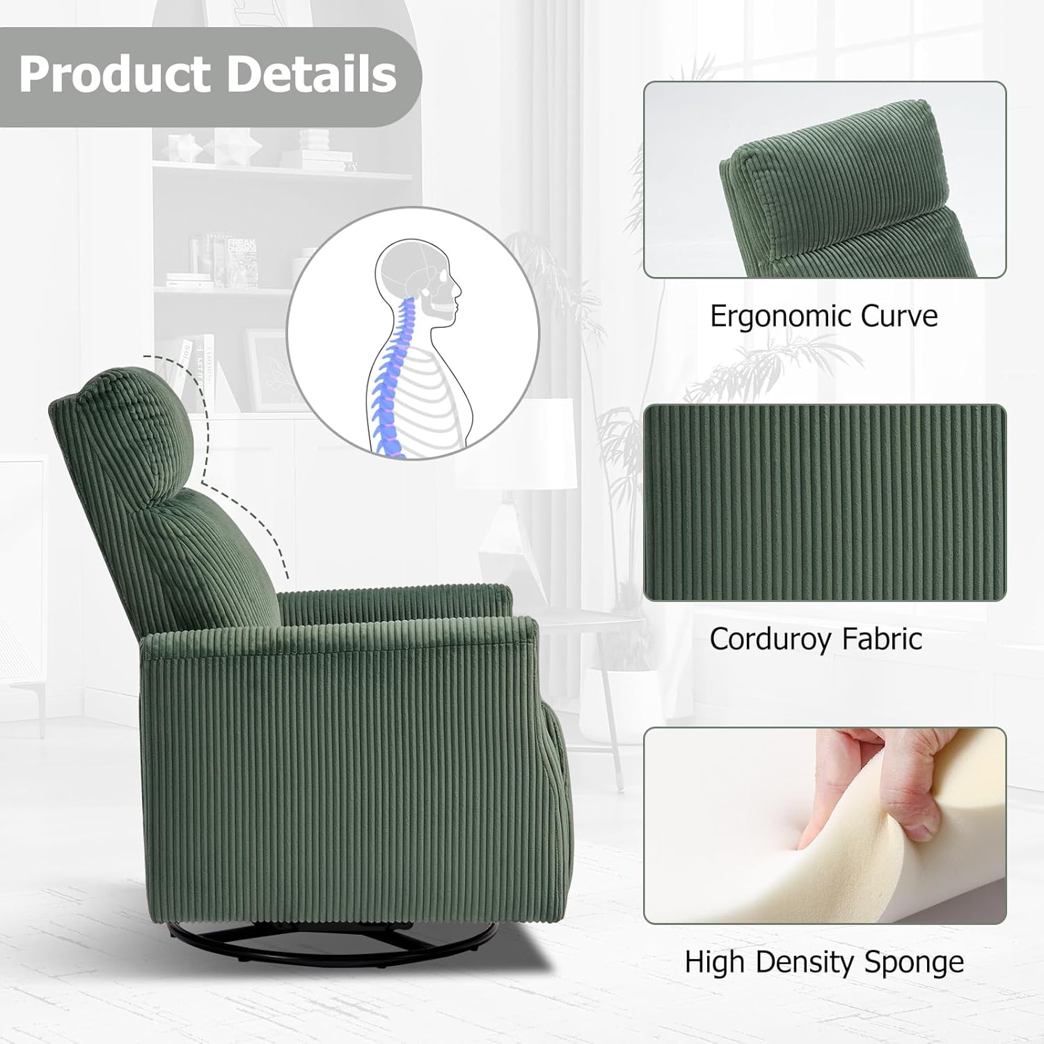 CANMOV Swivel Rocker Chair for Nursery, Swivel Accent Chair with High Back and Arms, Corduroy Glider Chair for Living Room Bedroom Nursery, Green