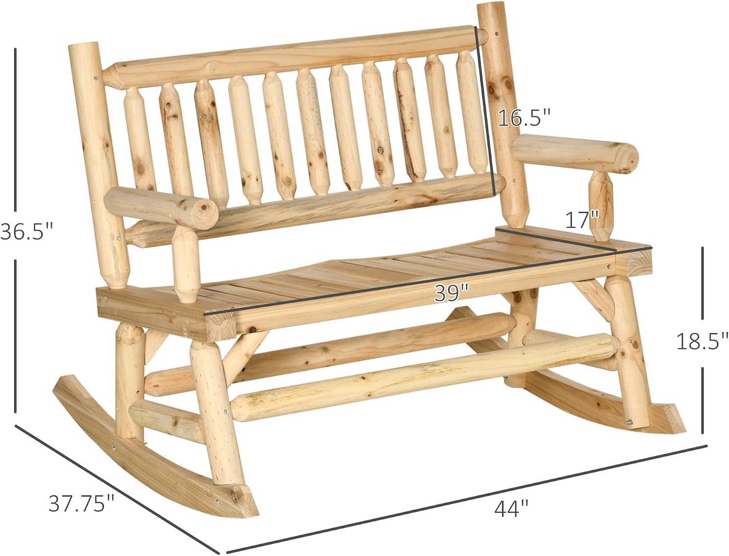 Outsunny 2-Person Wood Rocking Chair with Log Design, Heavy Duty Loveseat with Wide Curved Seats for Patio, Backyard, Garden, Natural