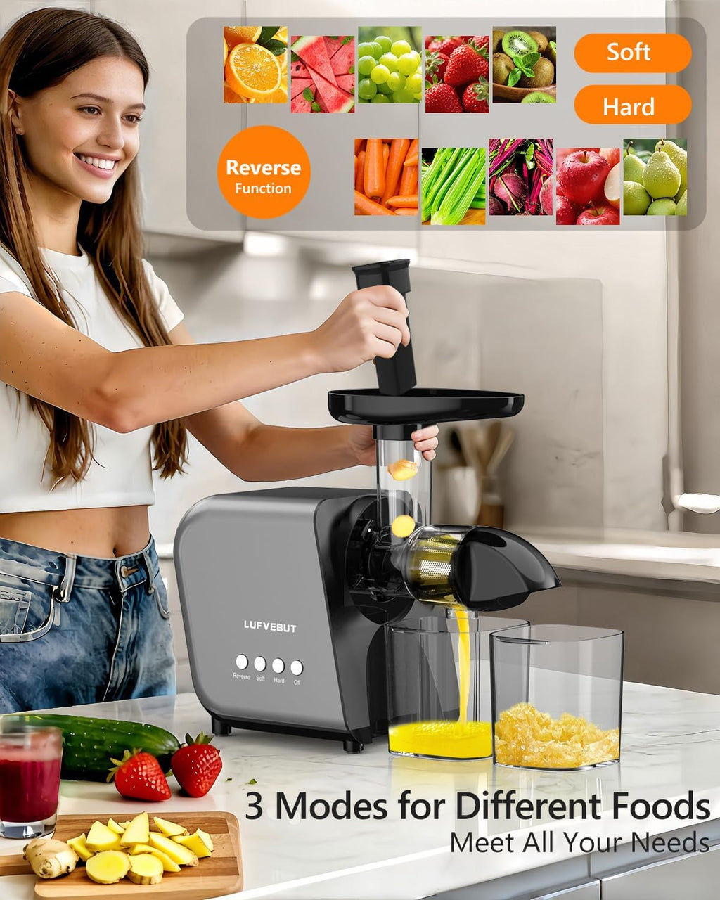 2026 LUFVEBUT Slow Cold Press Juicer with Reverse Function, Masticating Juicer Machines or Soft & Hard Vegetable Fruit High Juice Yield, Easy to Clean 250W High Power BPA-Free Dishwasher Safe