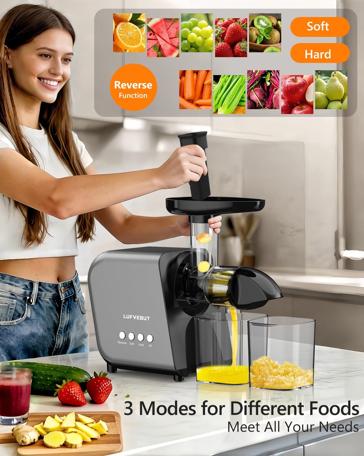 2026 LUFVEBUT Slow Cold Press Juicer with Reverse Function, Masticating Juicer Machines or Soft & Hard Vegetable Fruit High Juice Yield, Easy to Clean 250W High Power BPA-Free Dishwasher Safe